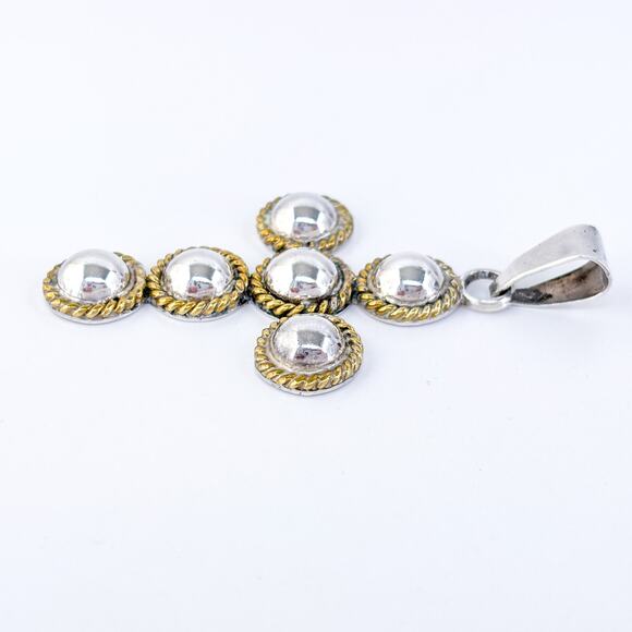Vintage Mexico Taxco TD-91 Sterling Silver Gold-Tone Accent Dome Cross Pendant - Picture 3 of 7